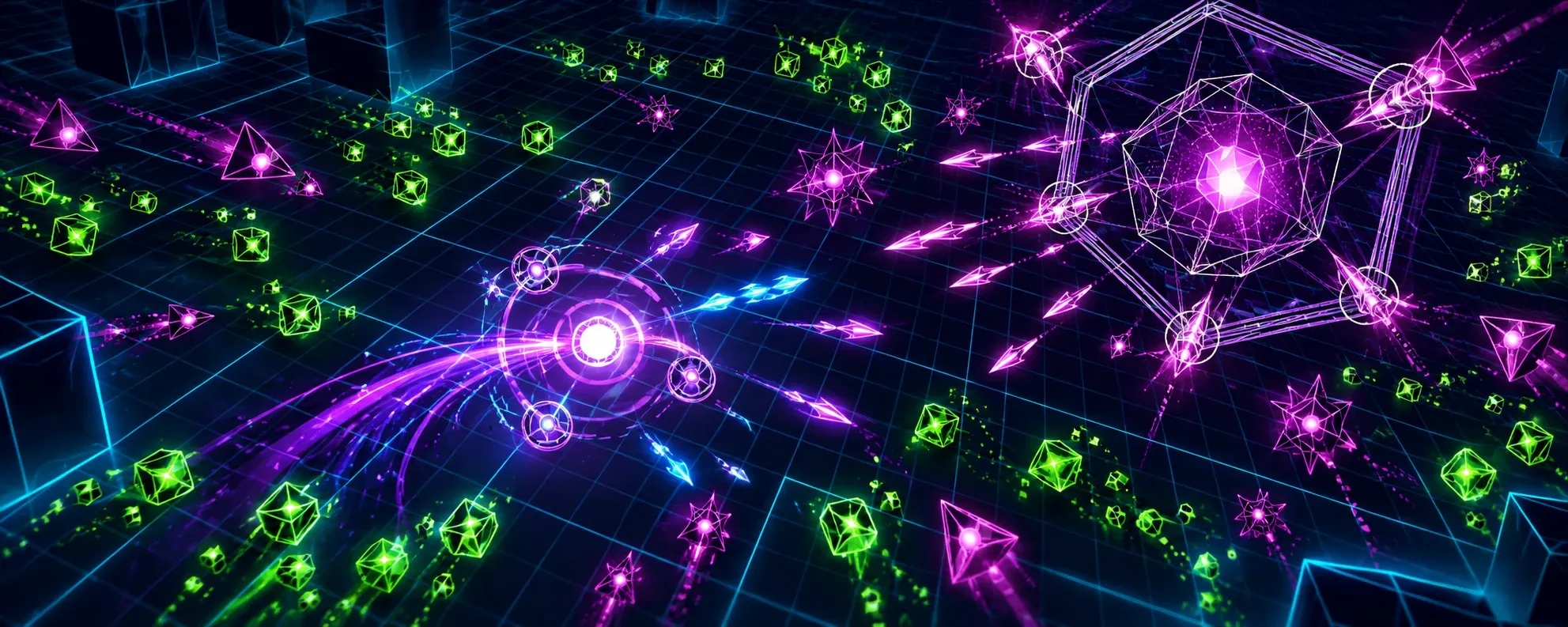 An electric geometric survivor fights off colorful neon enemies