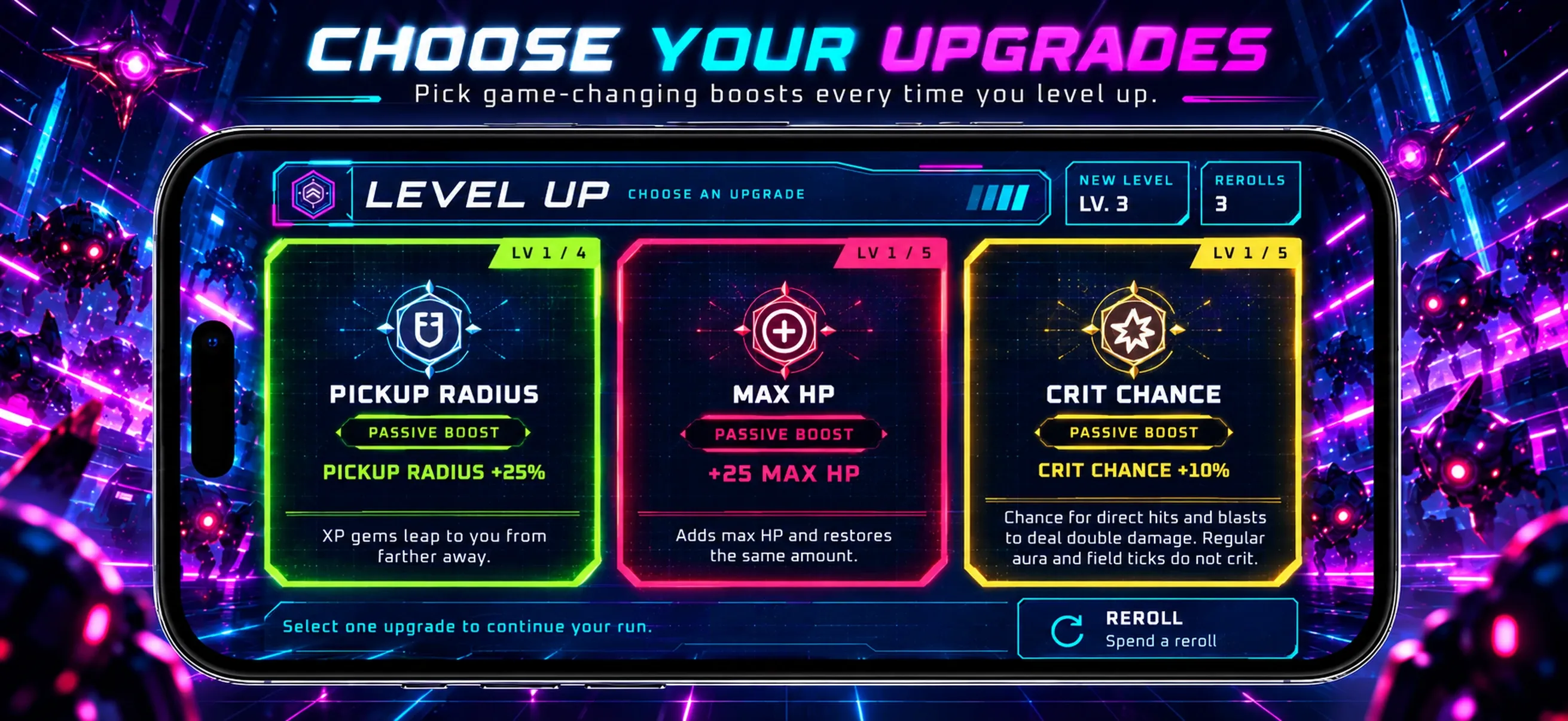Neon Horde Survivor level-up screen offering pickup radius, max HP, and critical chance upgrades