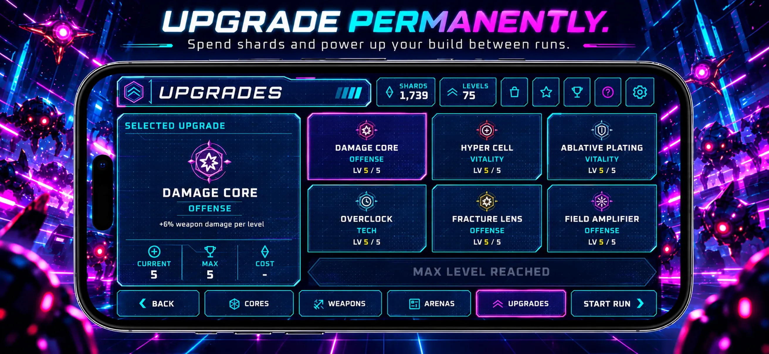 Neon Horde Survivor permanent upgrades screen with damage, health, and defense improvements