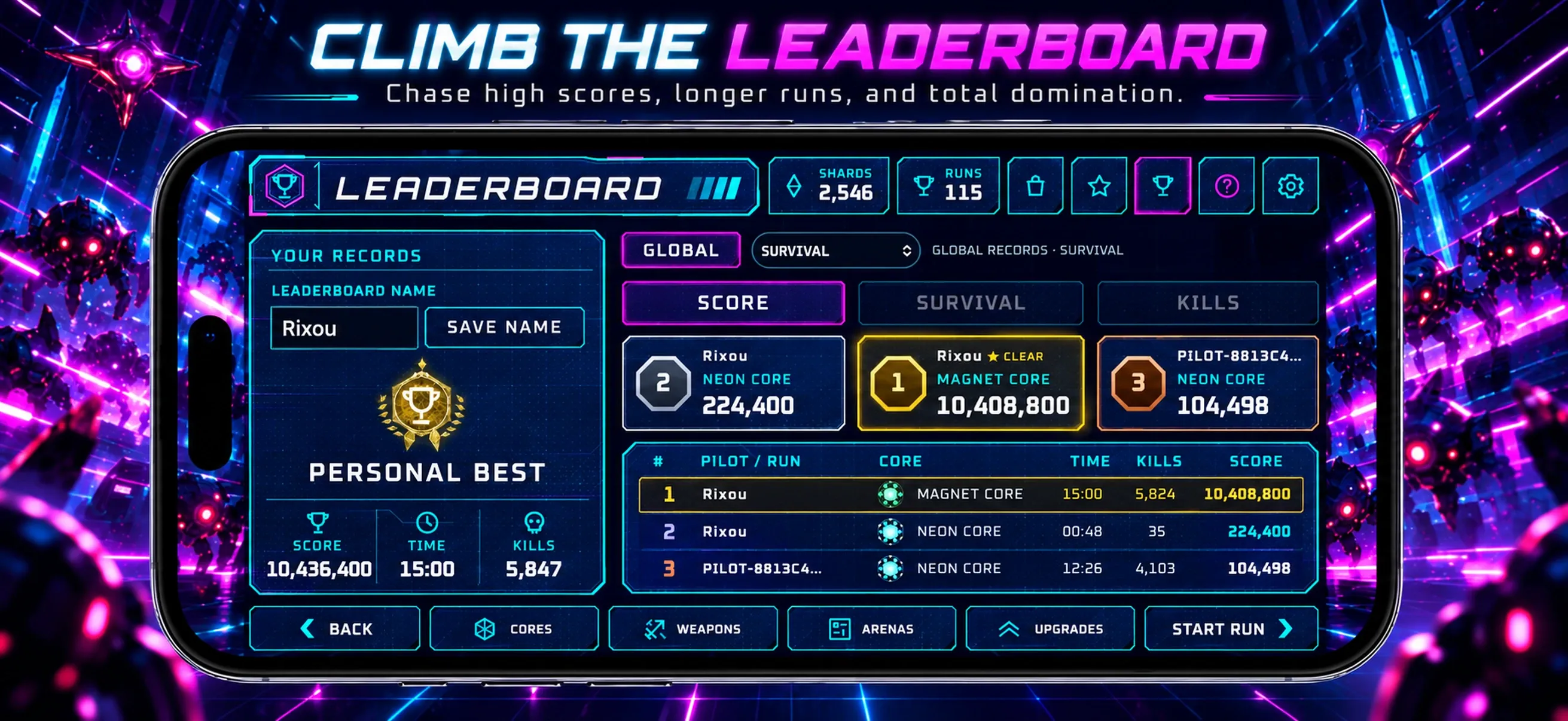 Neon Horde Survivor leaderboard with personal records and global rankings