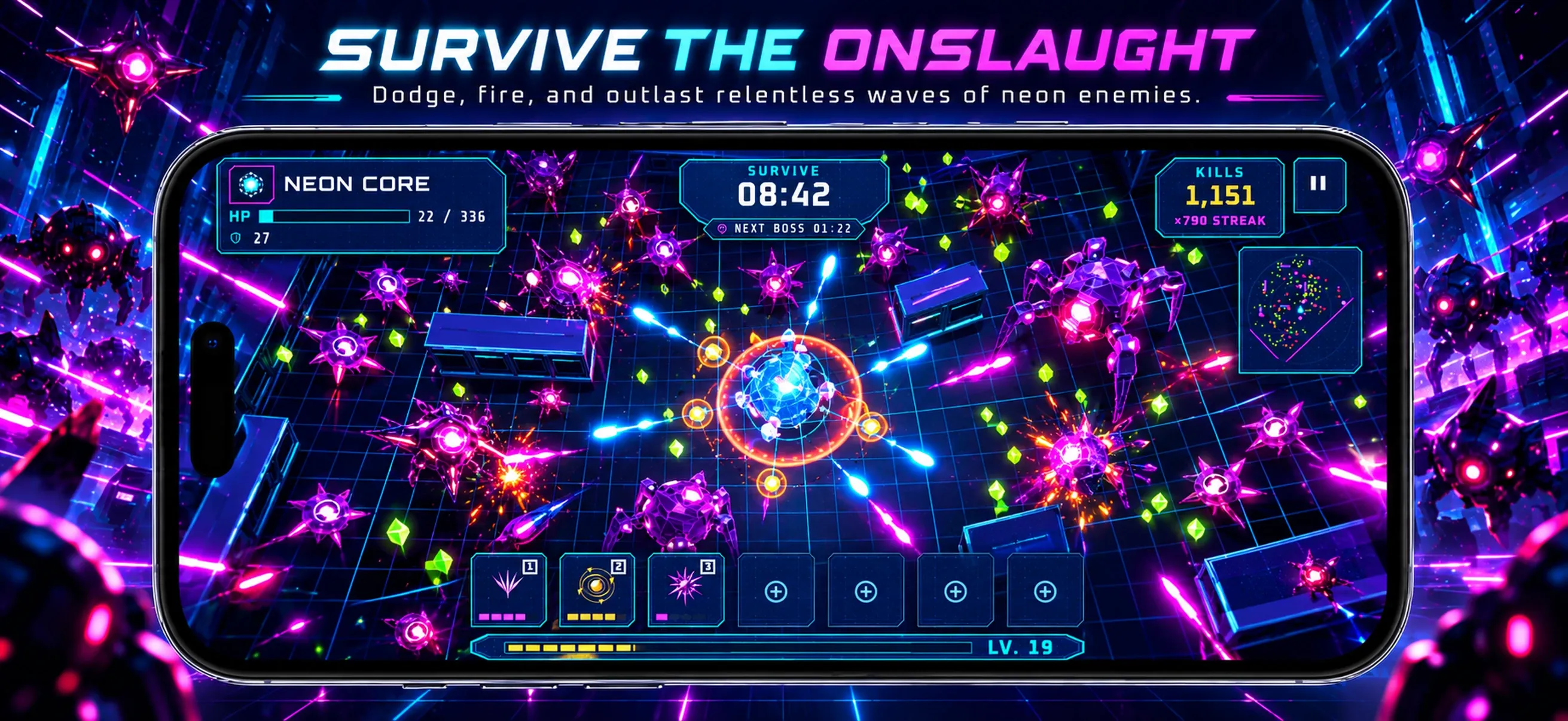 Neon Horde Survivor arena combat with swarms of enemies and weapon effects