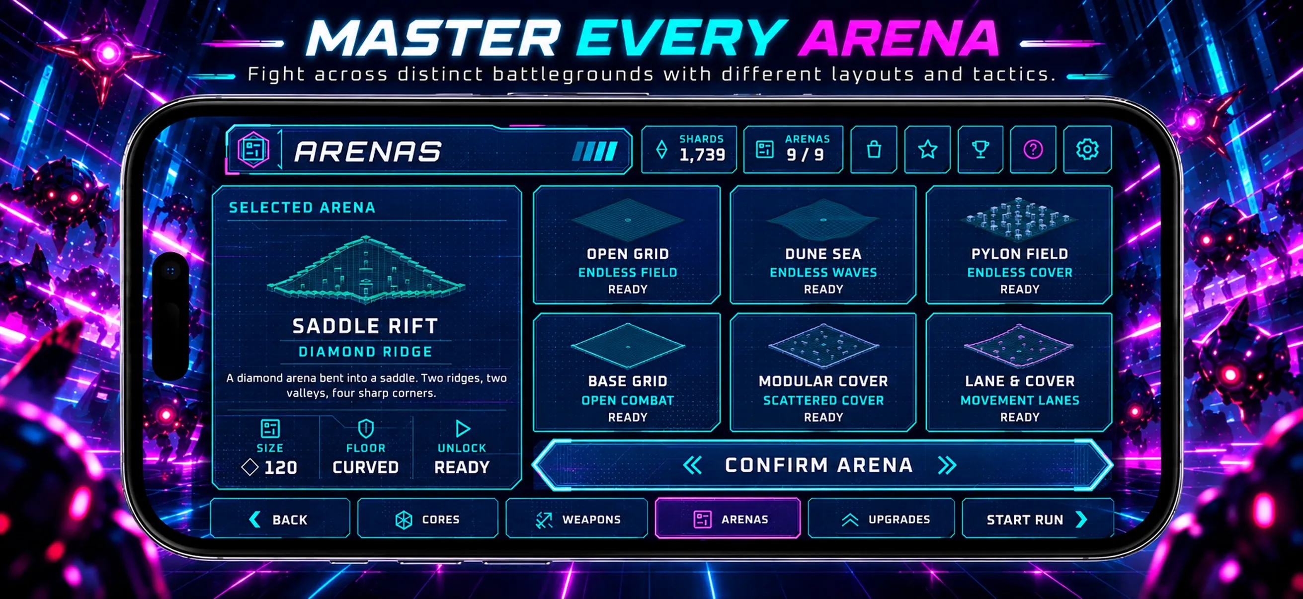 Neon Horde Survivor arena selection screen with battleground layouts