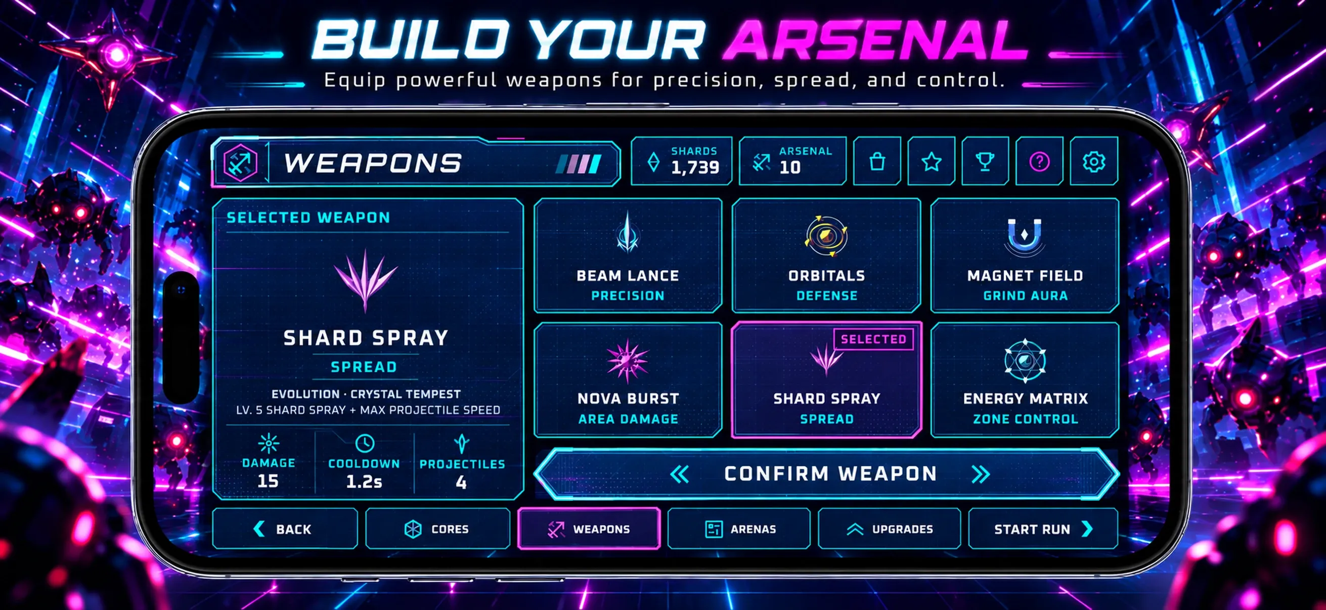 Neon Horde Survivor weapons screen with arsenal choices and weapon statistics