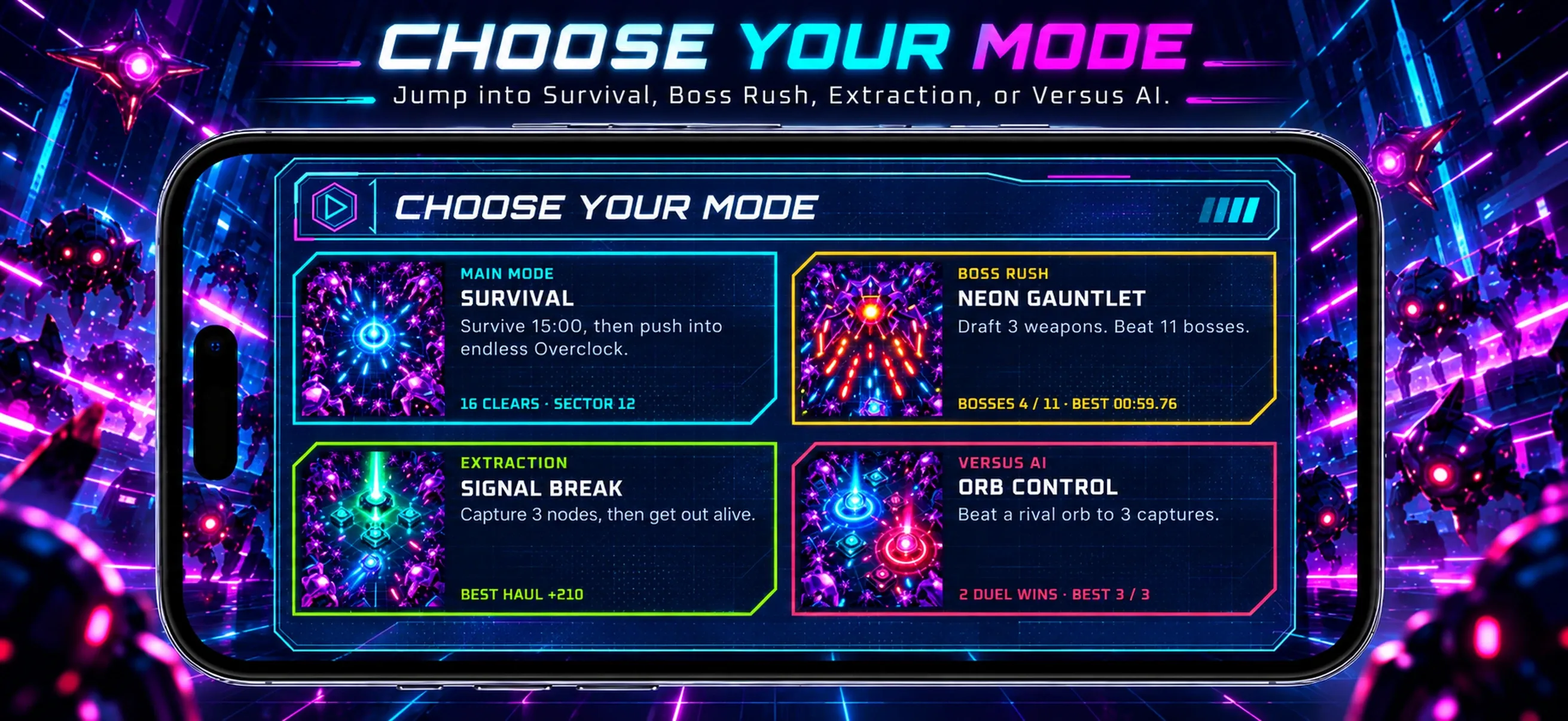 Neon Horde Survivor mode selection screen with four ways to play