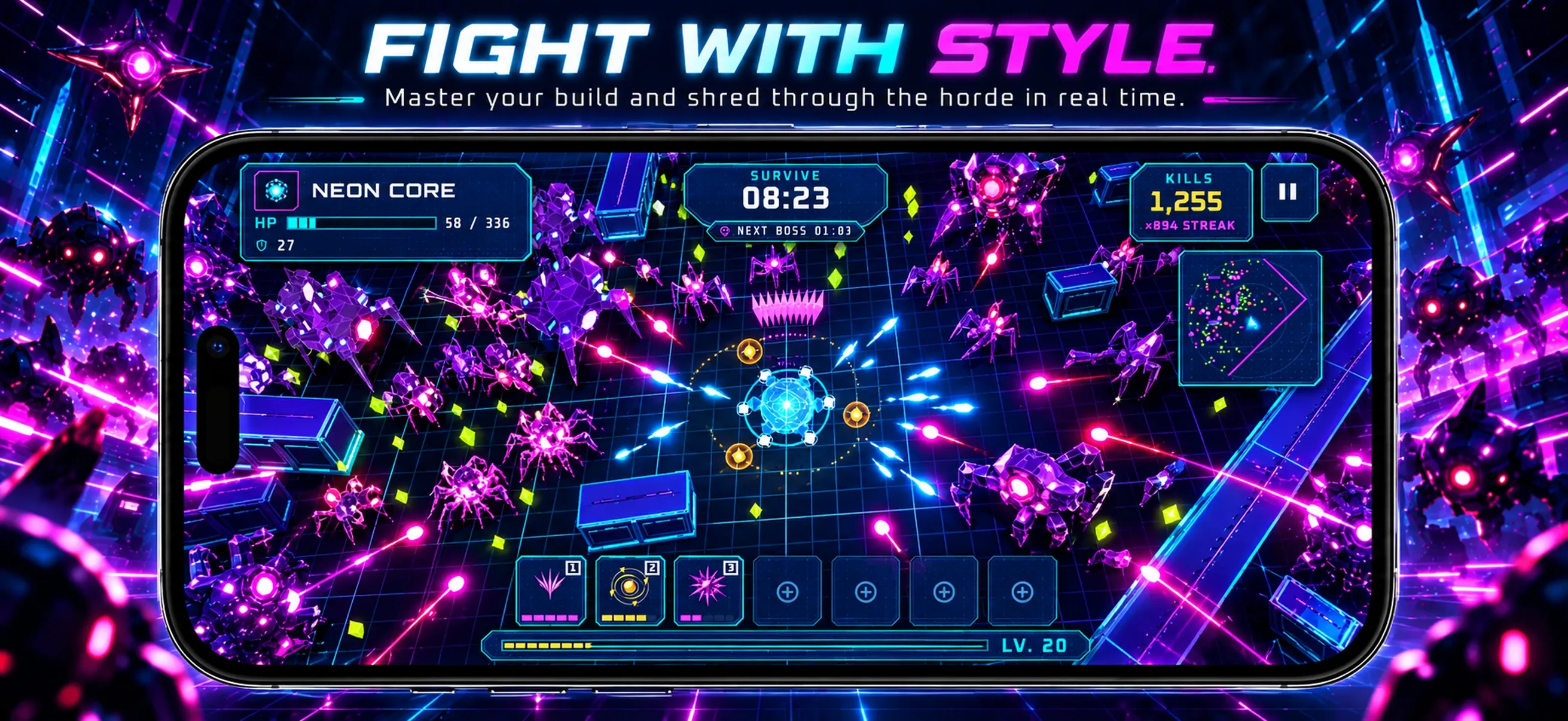 Neon Horde Survivor gameplay with colorful attacks and incoming enemy waves