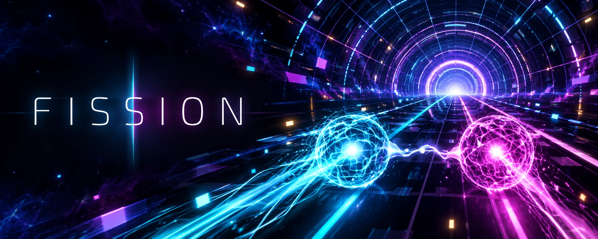 Fission Neon Tunnel featured banner - cyan and magenta tunnel run