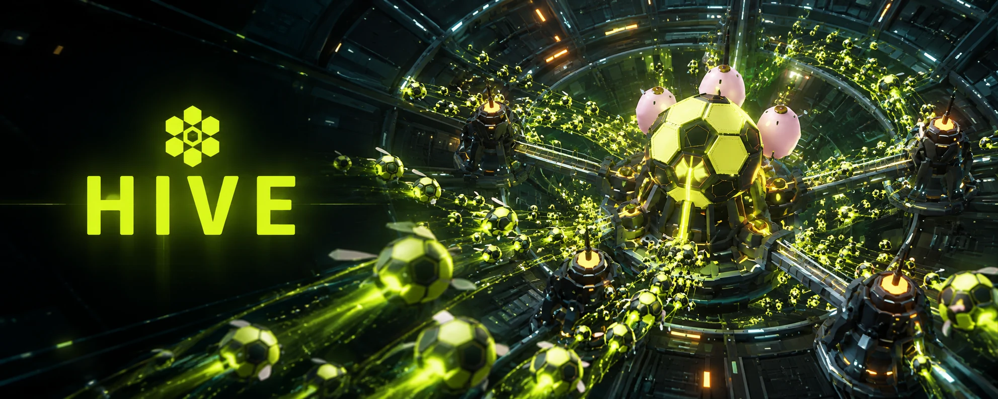 HIVE featured banner - neon yellow wasp swarm before a glowing hive gate