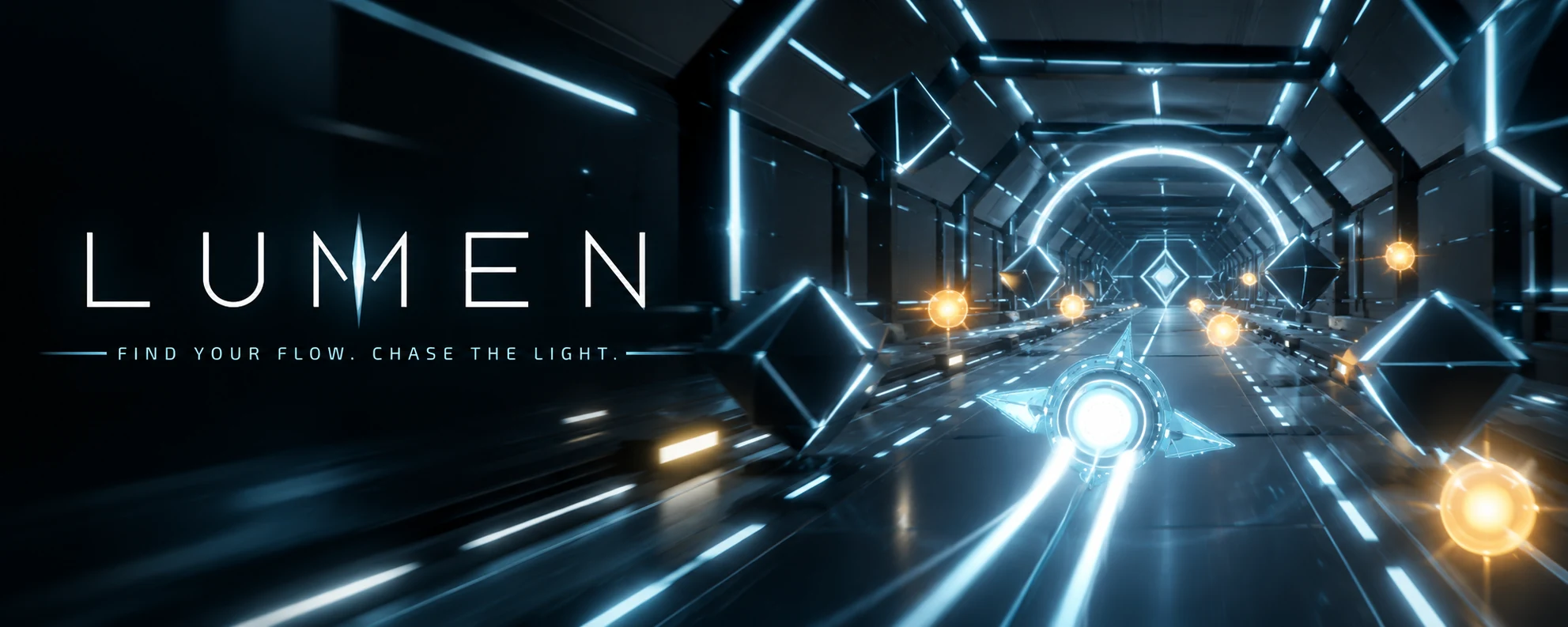 LUMEN featured banner - ship flying toward a luminous orbital ring