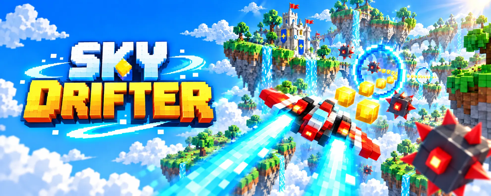 Sky Drifter featured banner - spacecraft racing through bright voxel islands and floating rings