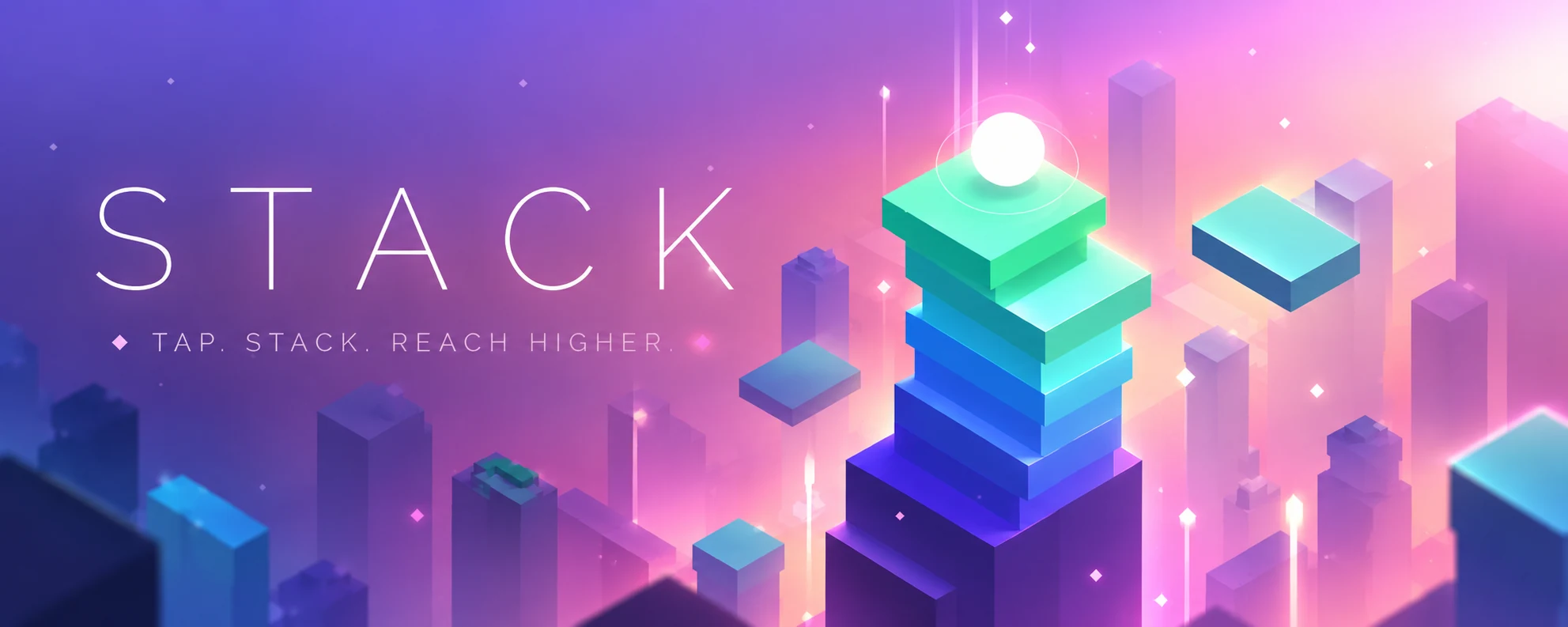 STACK Tower Builder featured banner - neon block tower on a synthwave mountain