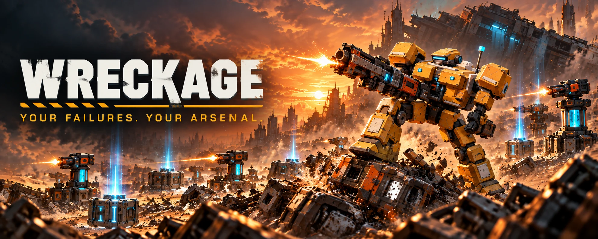 WRECKAGE featured banner - orange mech against a giant sun in ruined cityscape