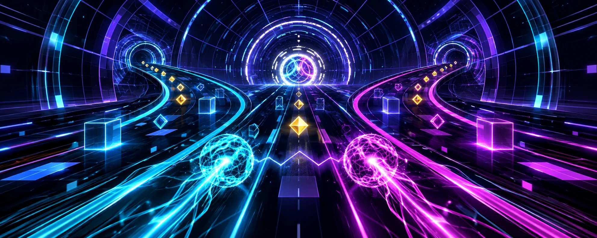Paired glowing signals crossing through an illuminated relay tunnel