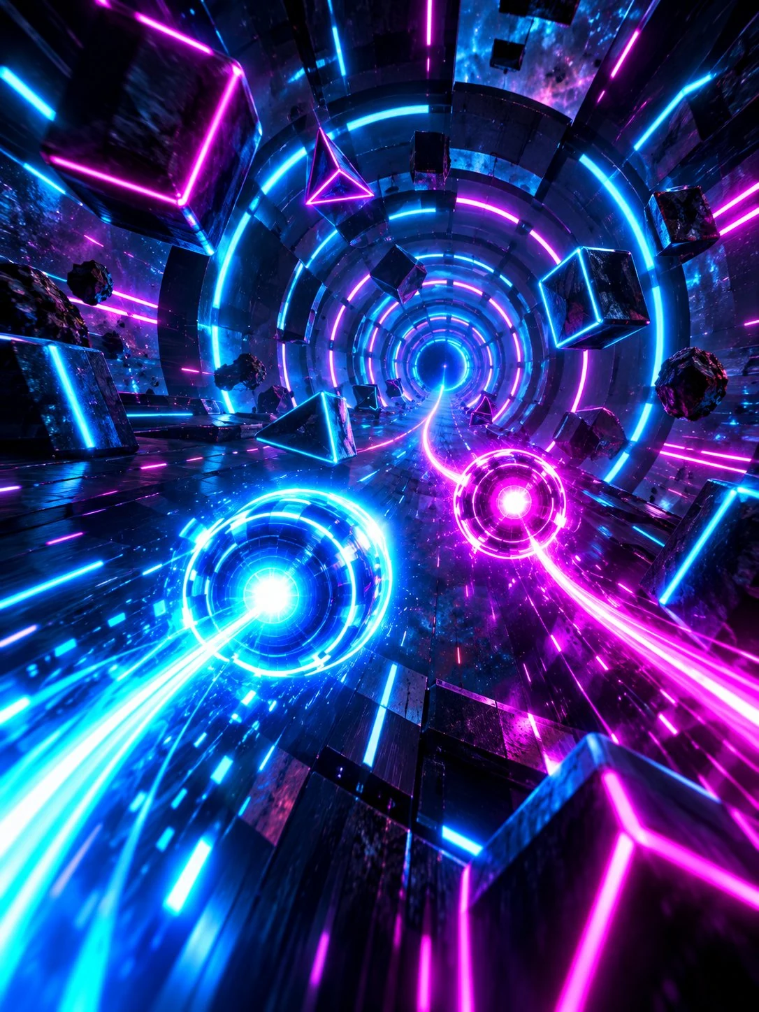 Cyan and magenta energy signals in a neon tunnel