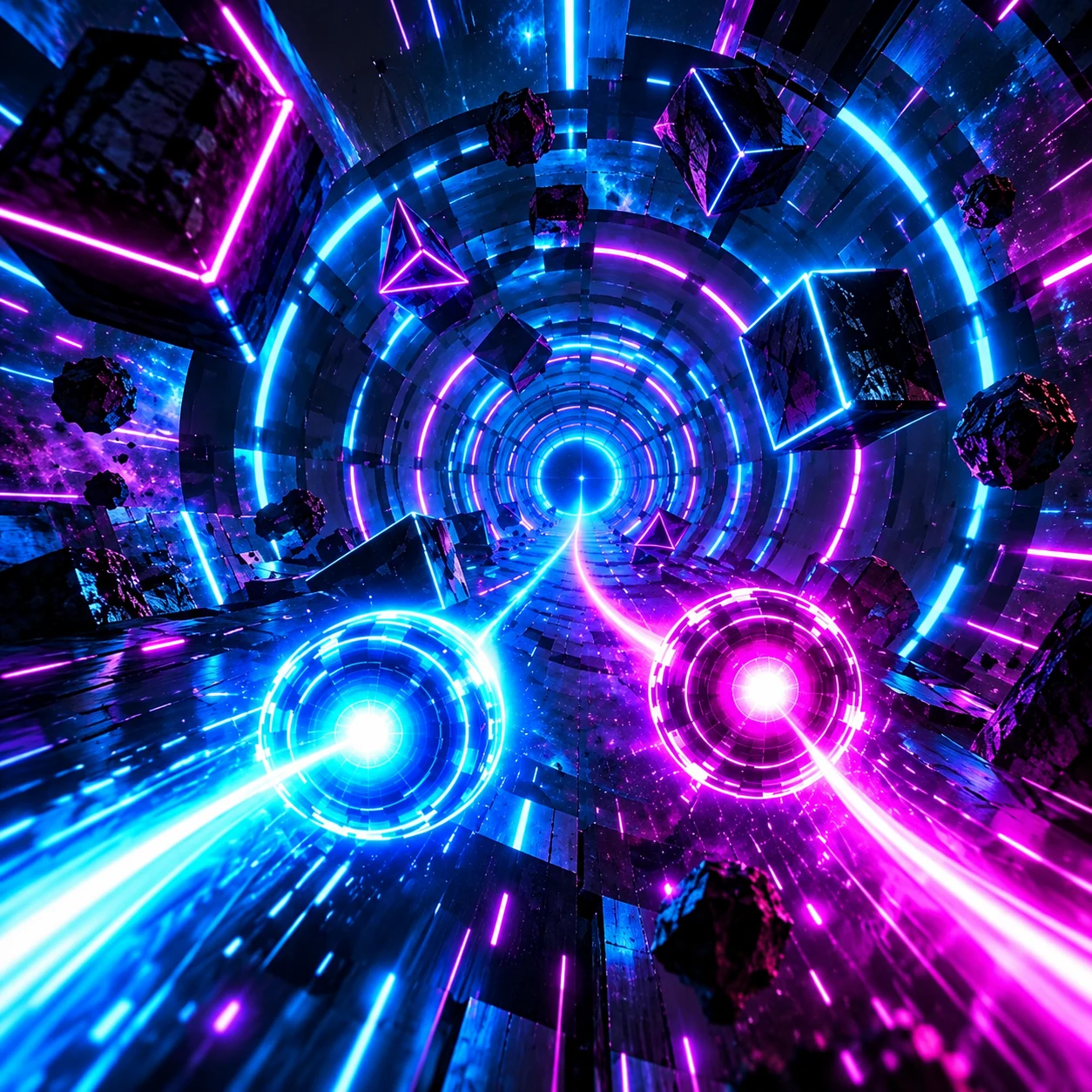 Blue and pink FISSION energy orbs moving through a tunnel