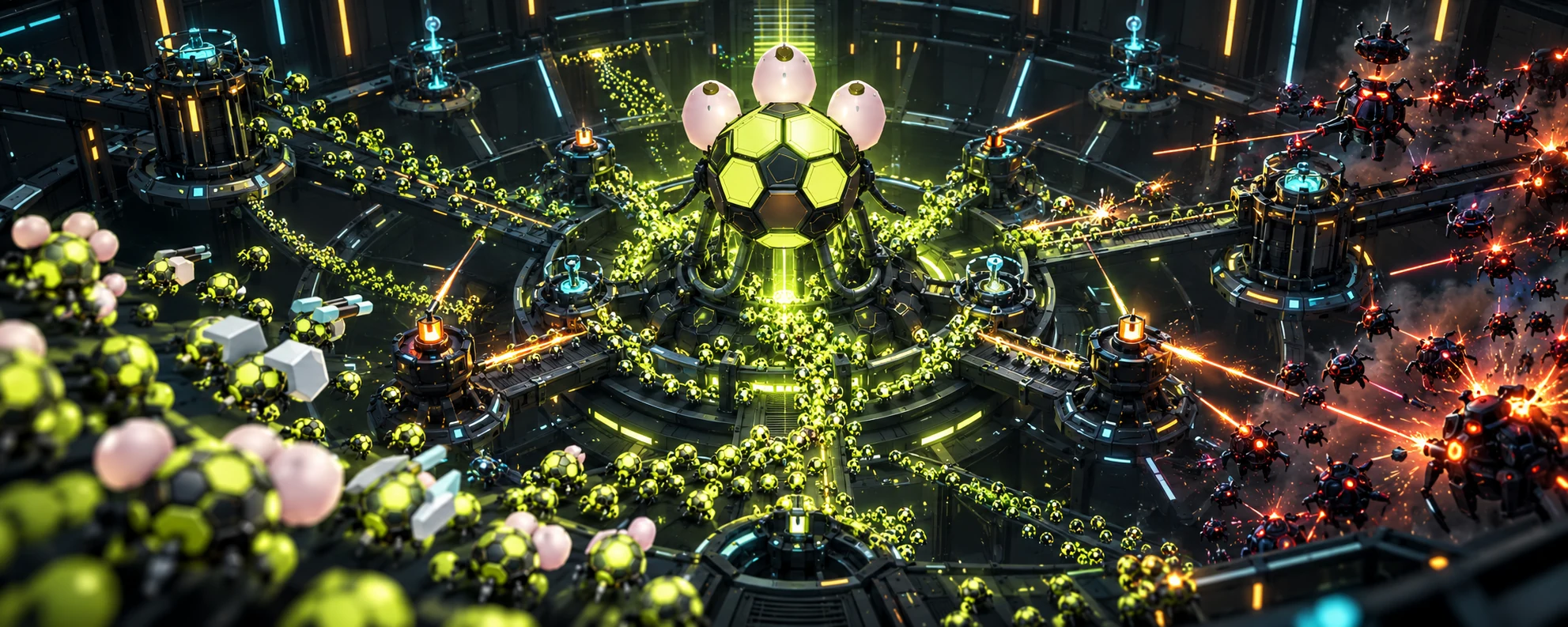 A multitude of golden biomechanical swarm units flying toward a monolithic machine gateway