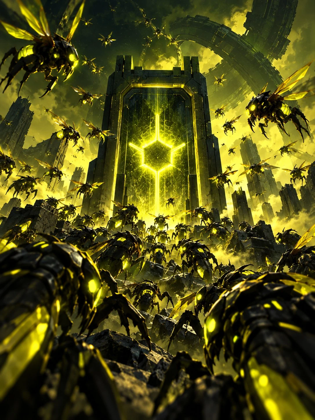 Yellow biomechanical swarm around glowing hive