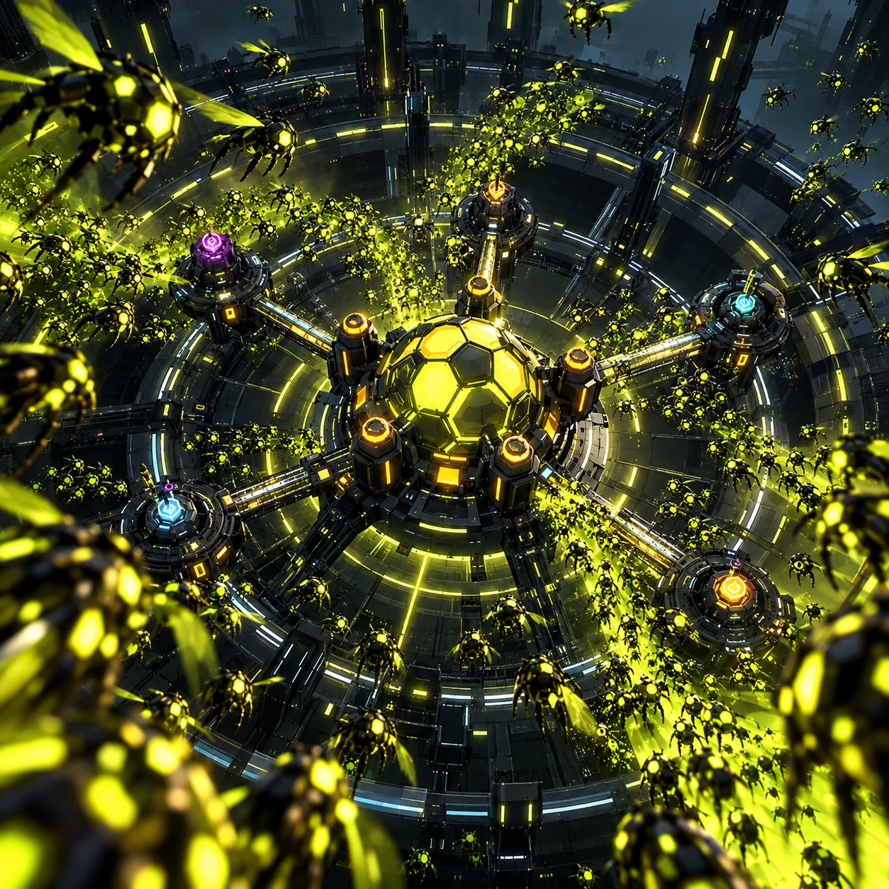 Golden HIVE insects gathering around a glowing hive