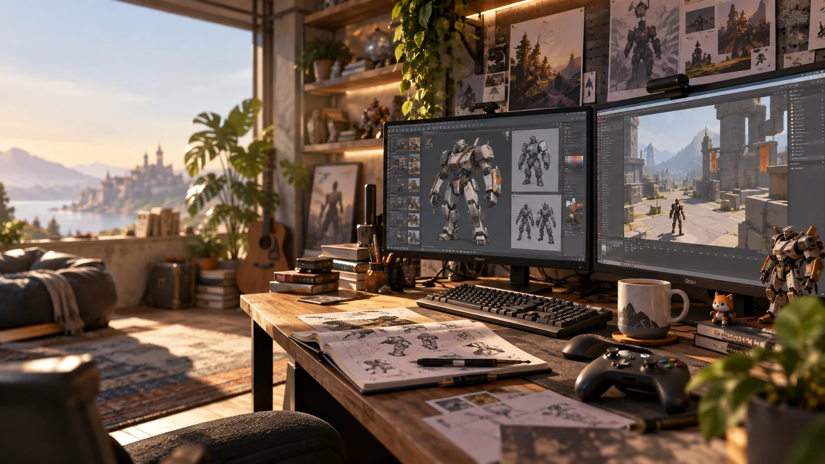 Sketches, character designs and game-engine prototypes arranged on a game studio workbench