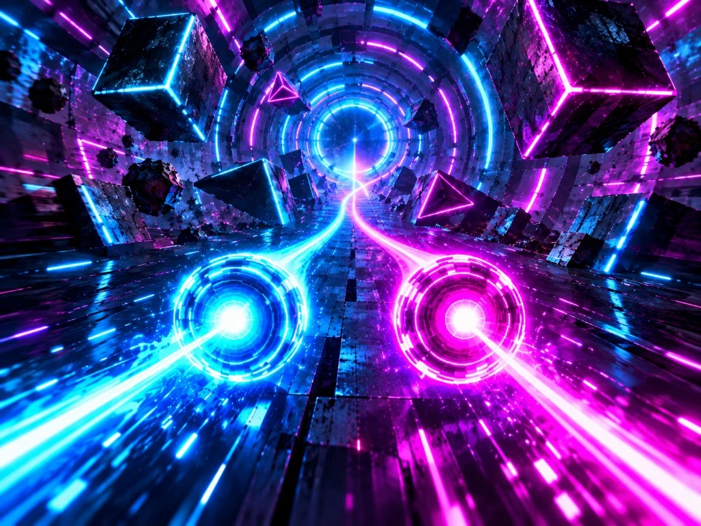 Cyan and magenta energy orbs racing through a neon tunnel