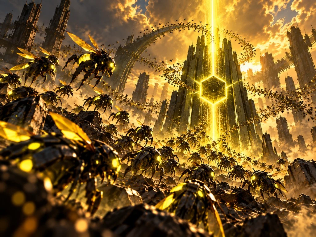 Mechanical yellow swarm flying toward a glowing hexagonal hive tower