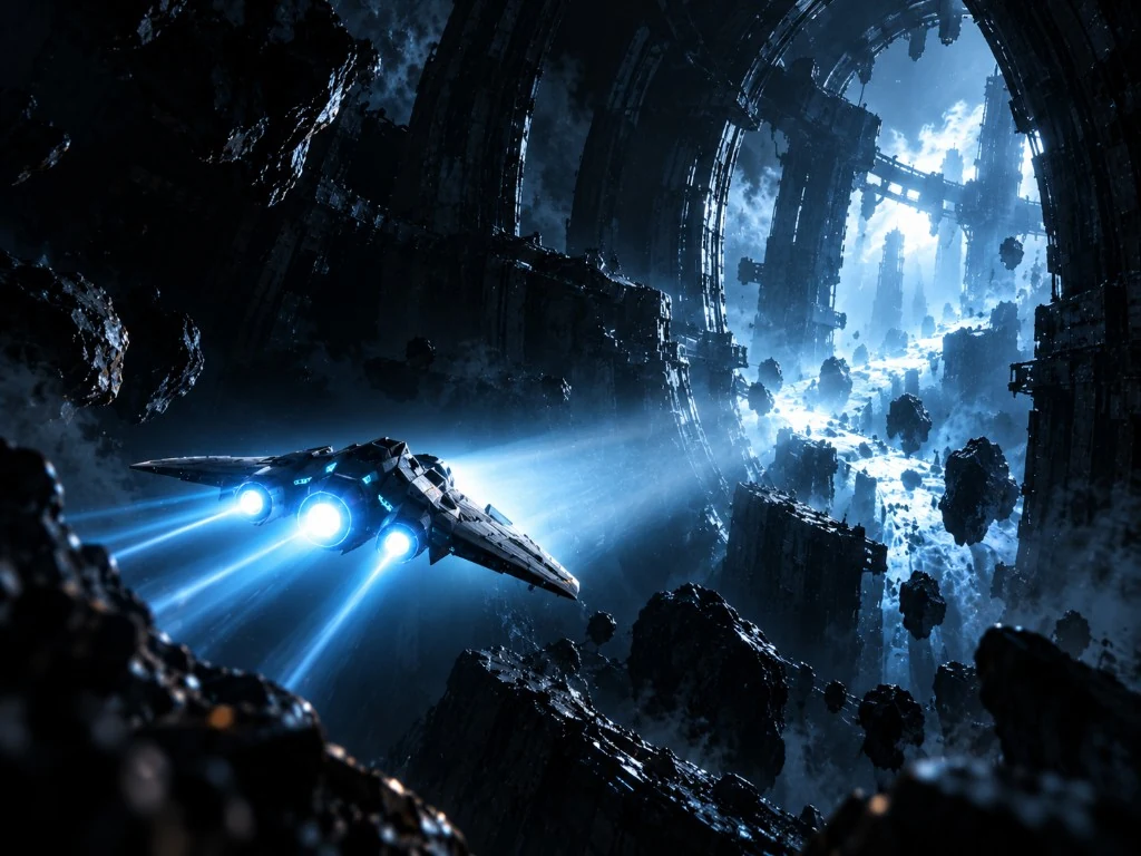 Blue-engine spacecraft flying through dark orbital ruins
