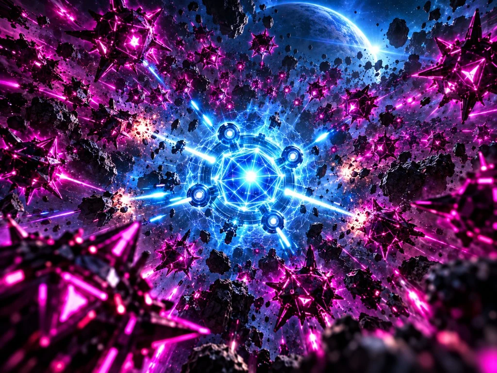 Cyan energy core amid a swarm of magenta spiked drones in deep space