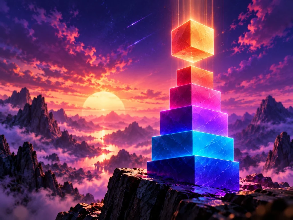 Glowing crystalline block tower stacked on a mountain peak at sunset
