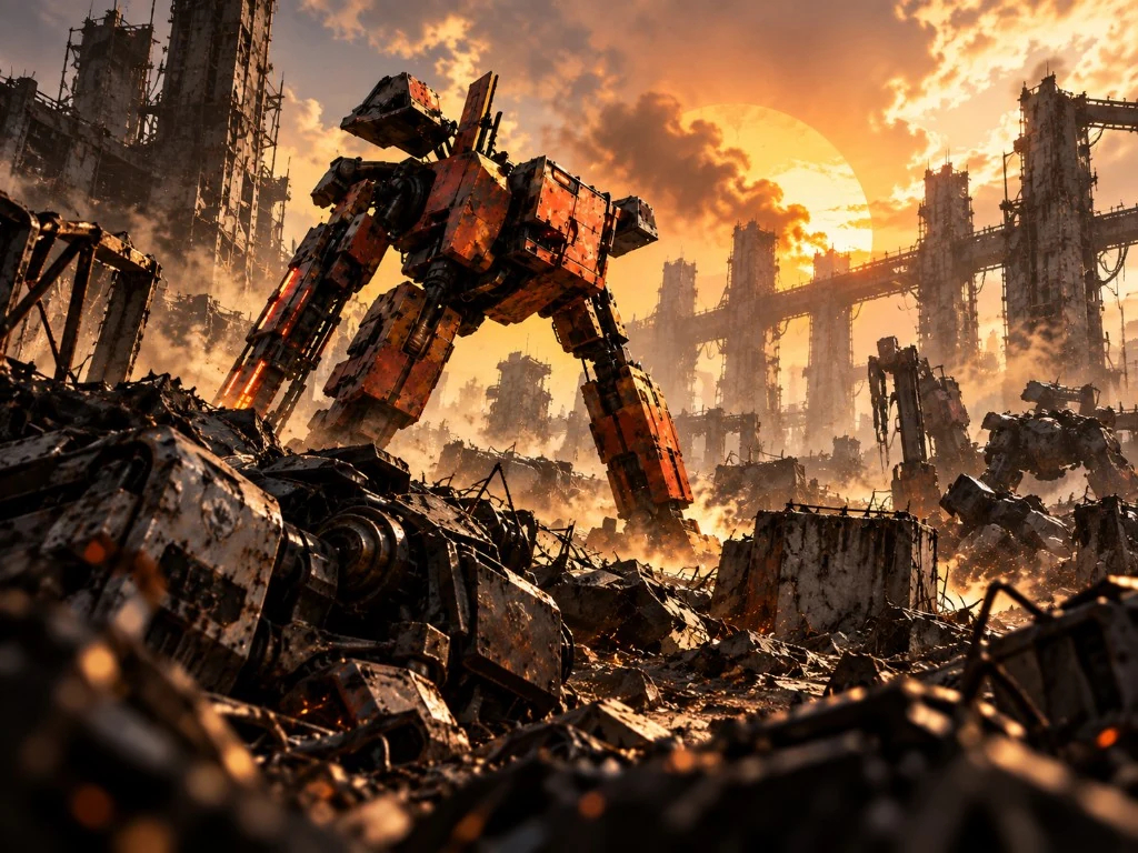 Orange industrial mech standing amid scrap under a ruined city sunset
