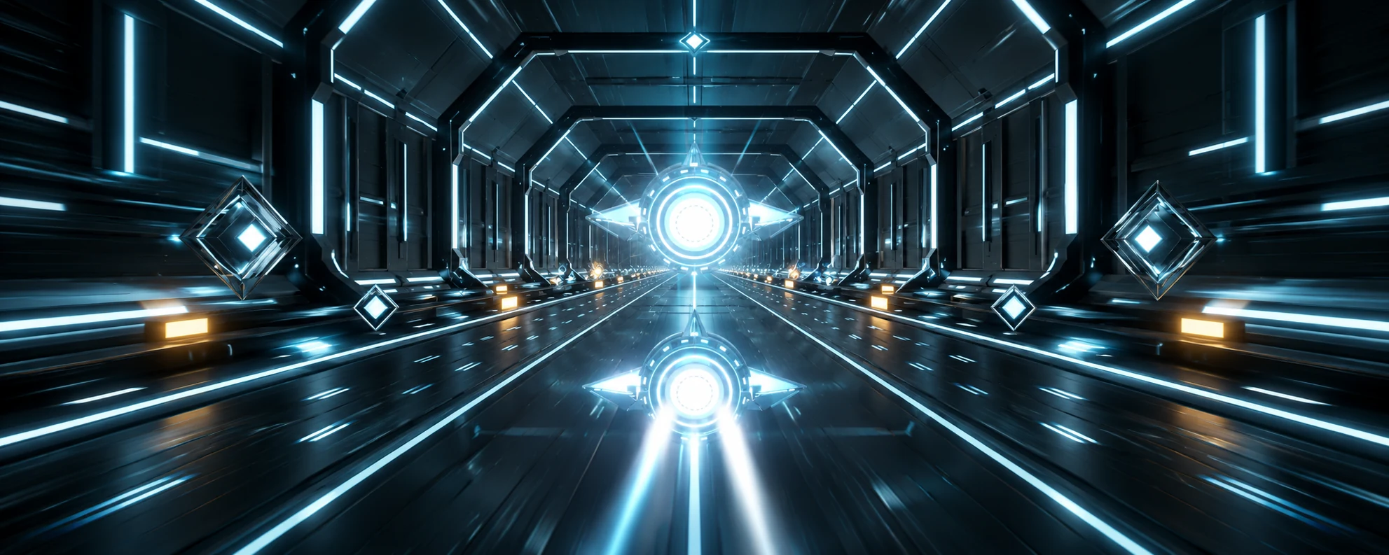 LUMEN spacecraft sweeping a cone of blue light across a vast dark sci-fi cavern