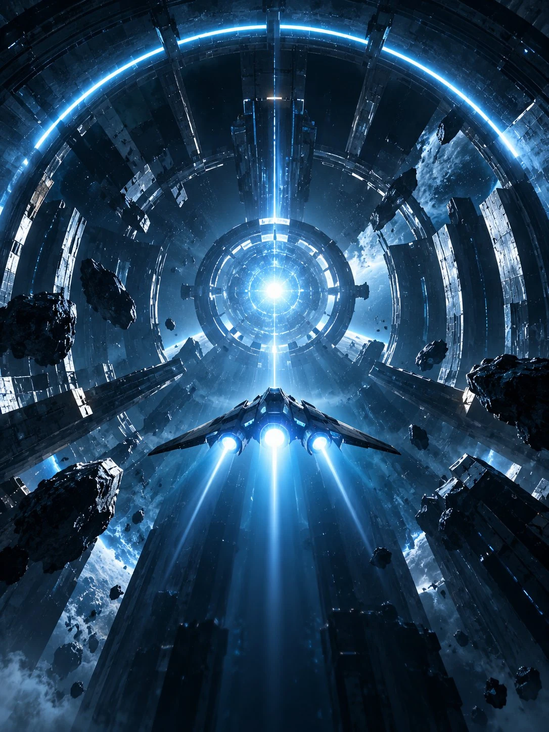 Blue spacecraft in a luminous circular arena