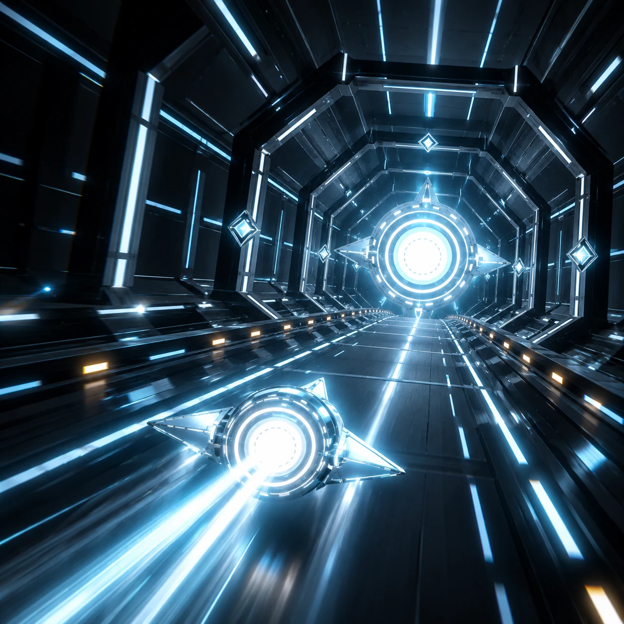 Blue LUMEN ship flying toward a glowing circular structure