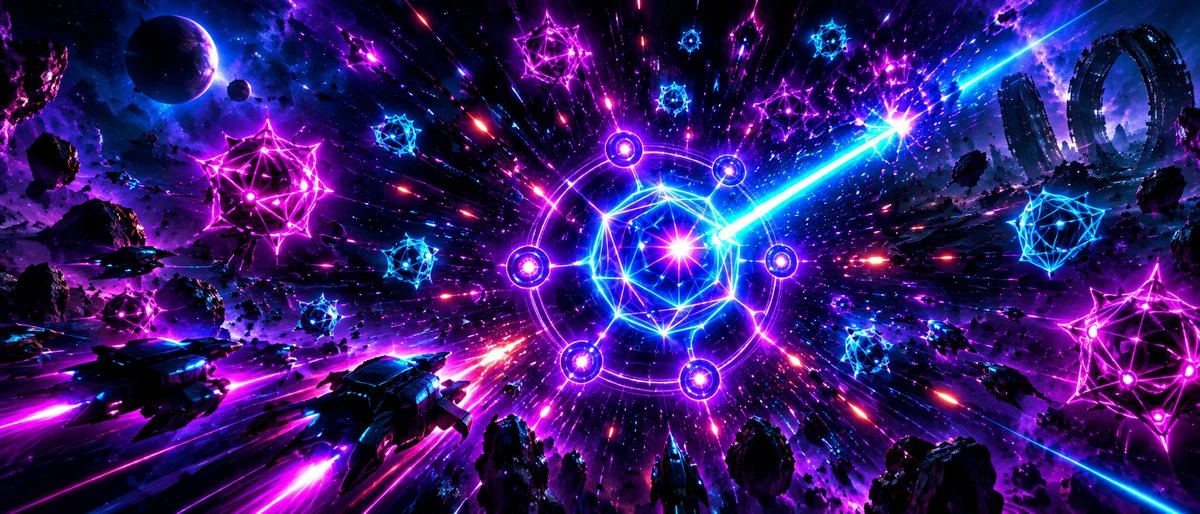 Blue neon core amid purple geometric enemies