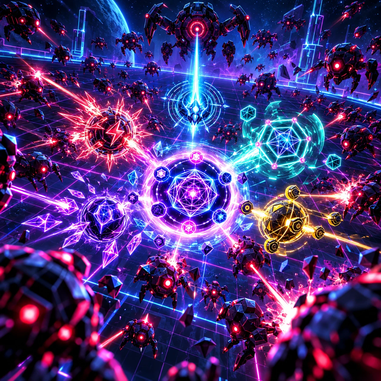 Electric blue core and purple geometrical enemies