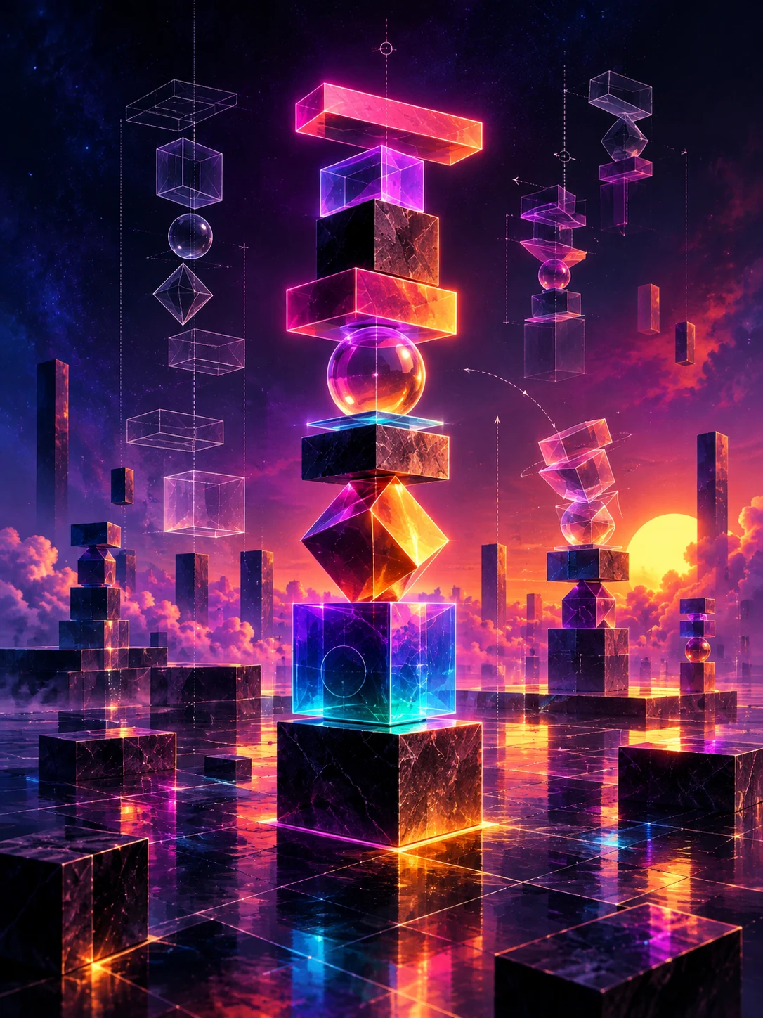 Experimental stacked blocks with wireframe alignment guides