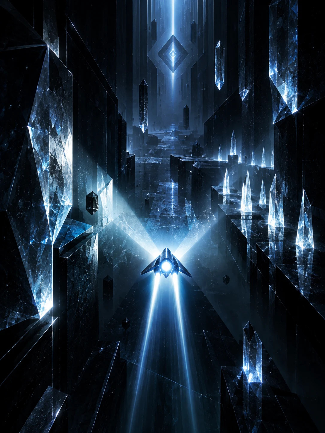 Blue spacecraft using its illumination to navigate a dark crystal tunnel