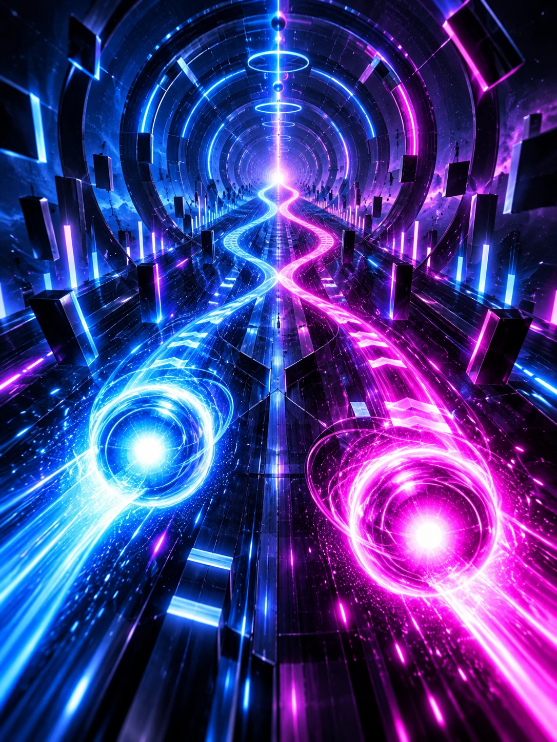 Cyan and pink signal orbs separating along experimental paths