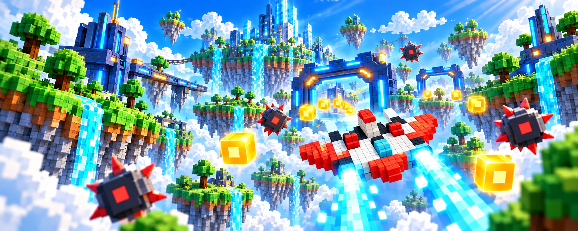 Sky Drifter ship racing toward a floating voxel city