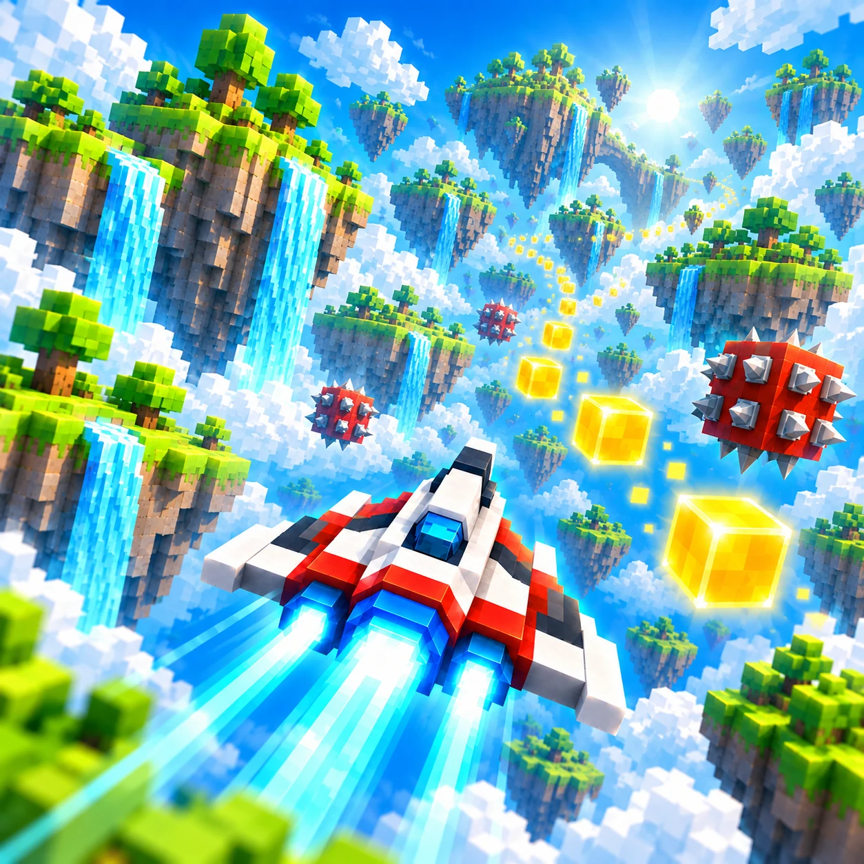 Spacecraft racing through bright voxel skies