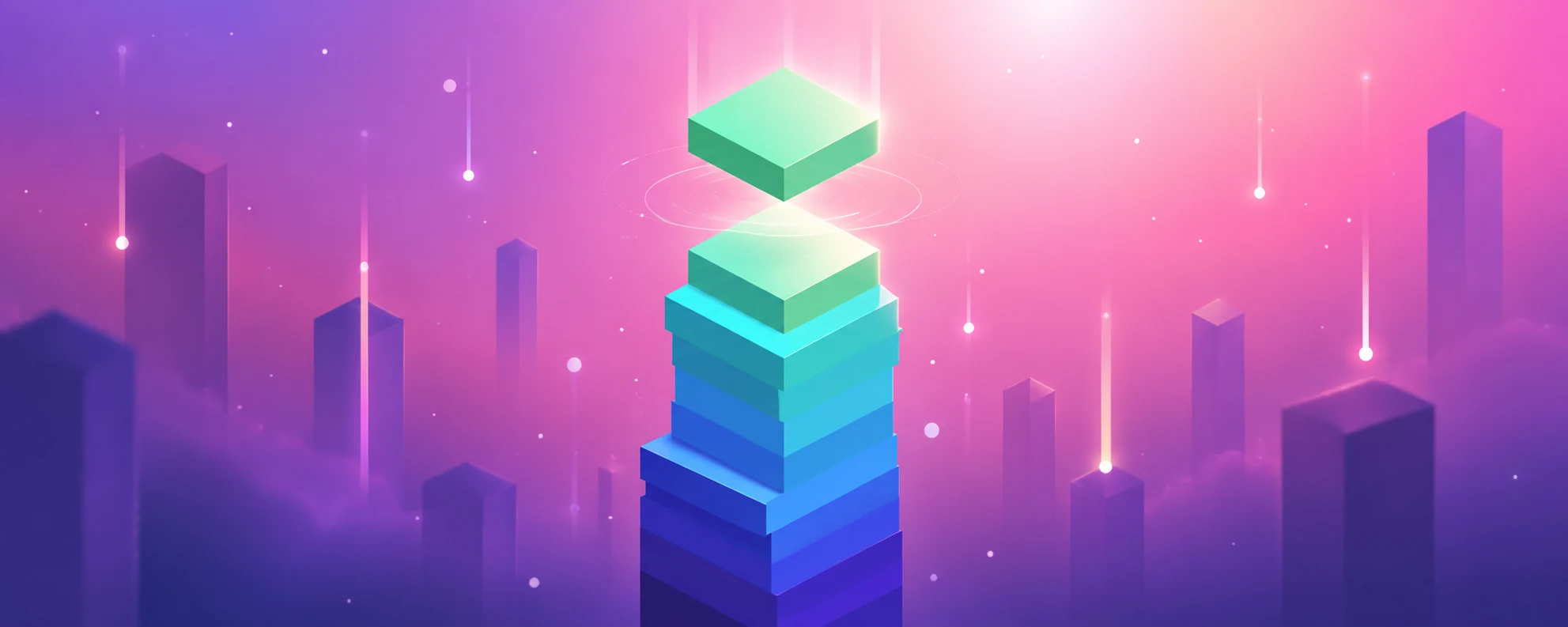 Tall stacked blocks rising above clouds at sunrise