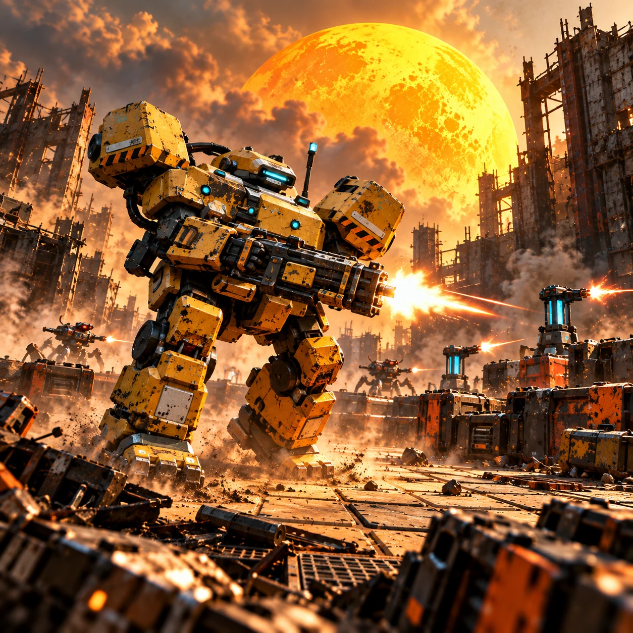 Orange WRECKAGE robot in a ruined environment