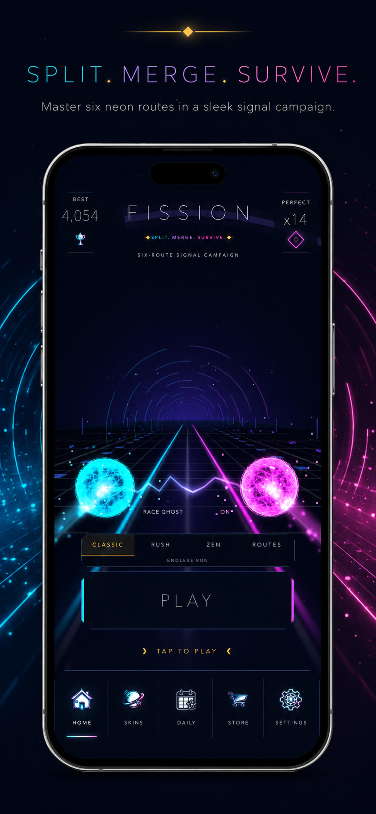 FISSION home screen with split and merge gameplay