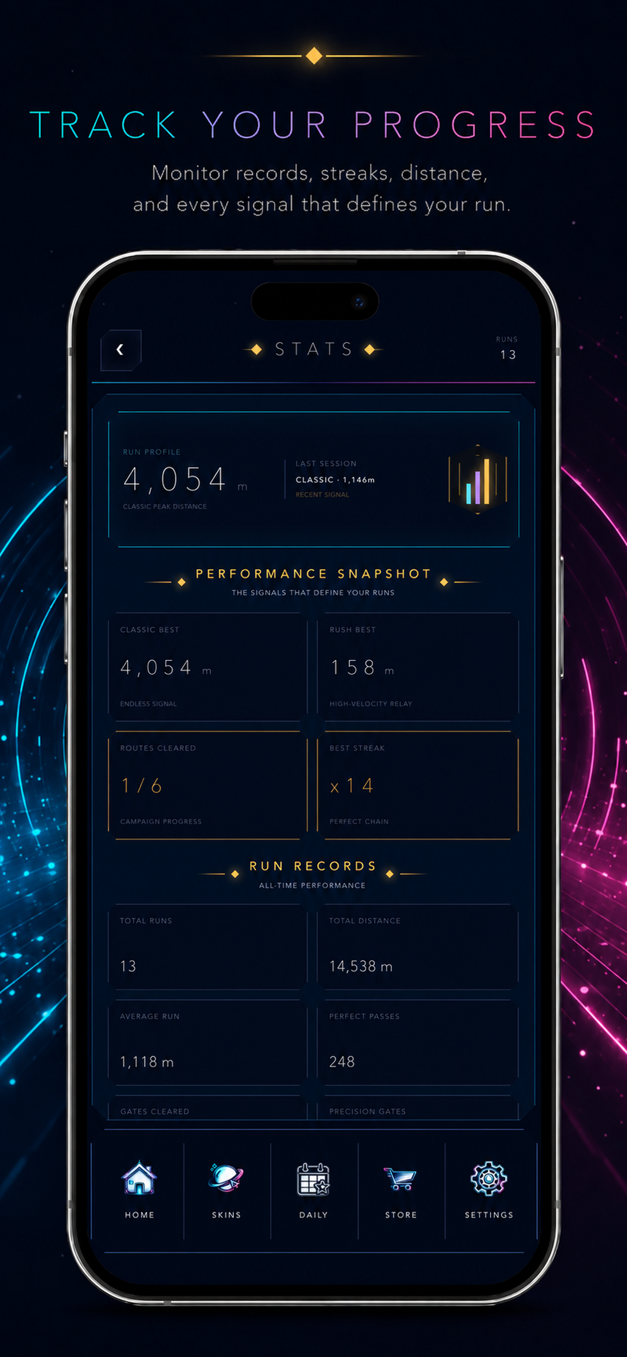 FISSION progress screen showing stats and achievements