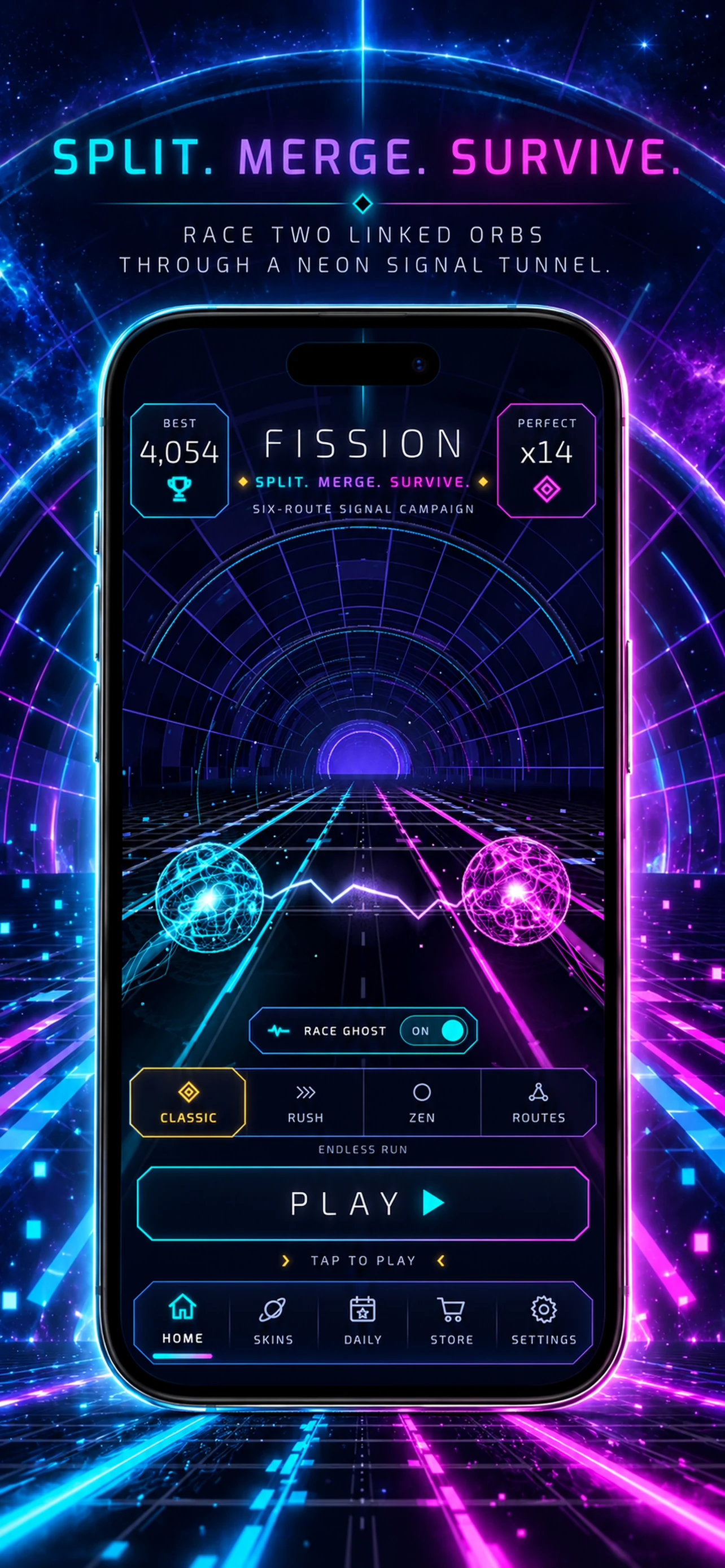 FISSION home screen showing the linked cyan and magenta signals