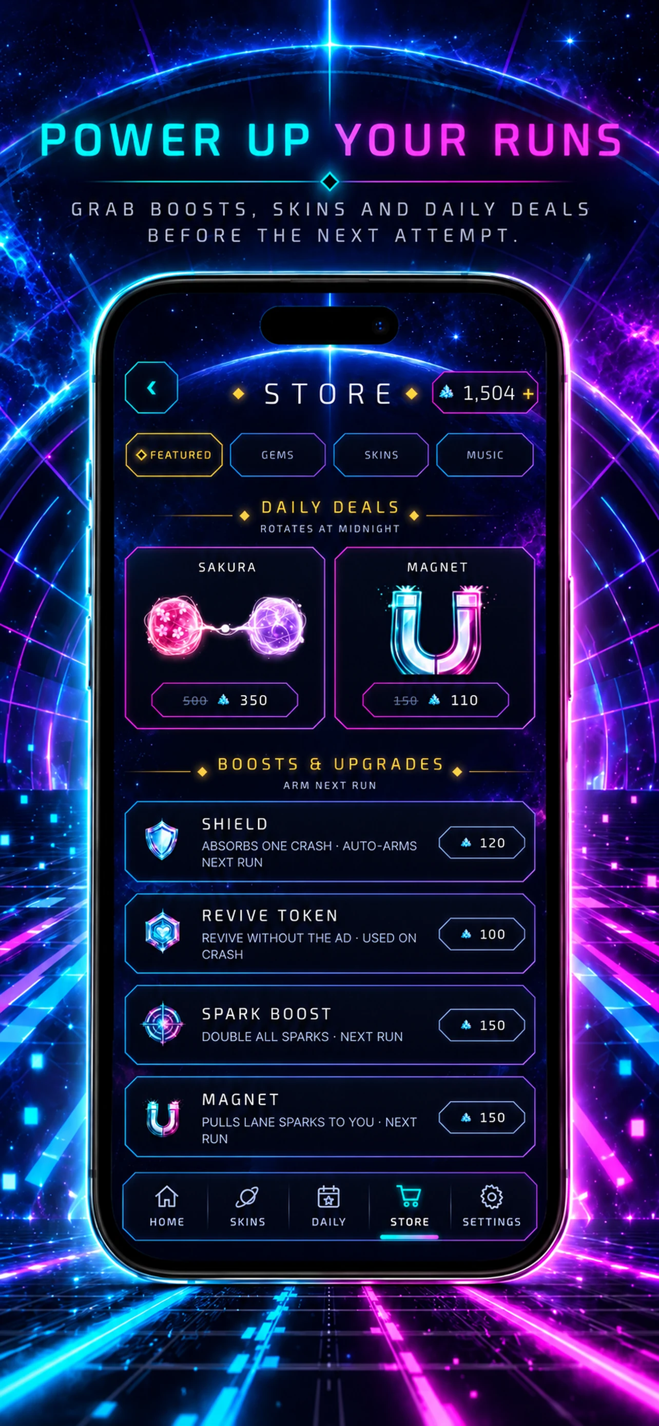 FISSION store with boosts, skins, and daily deals