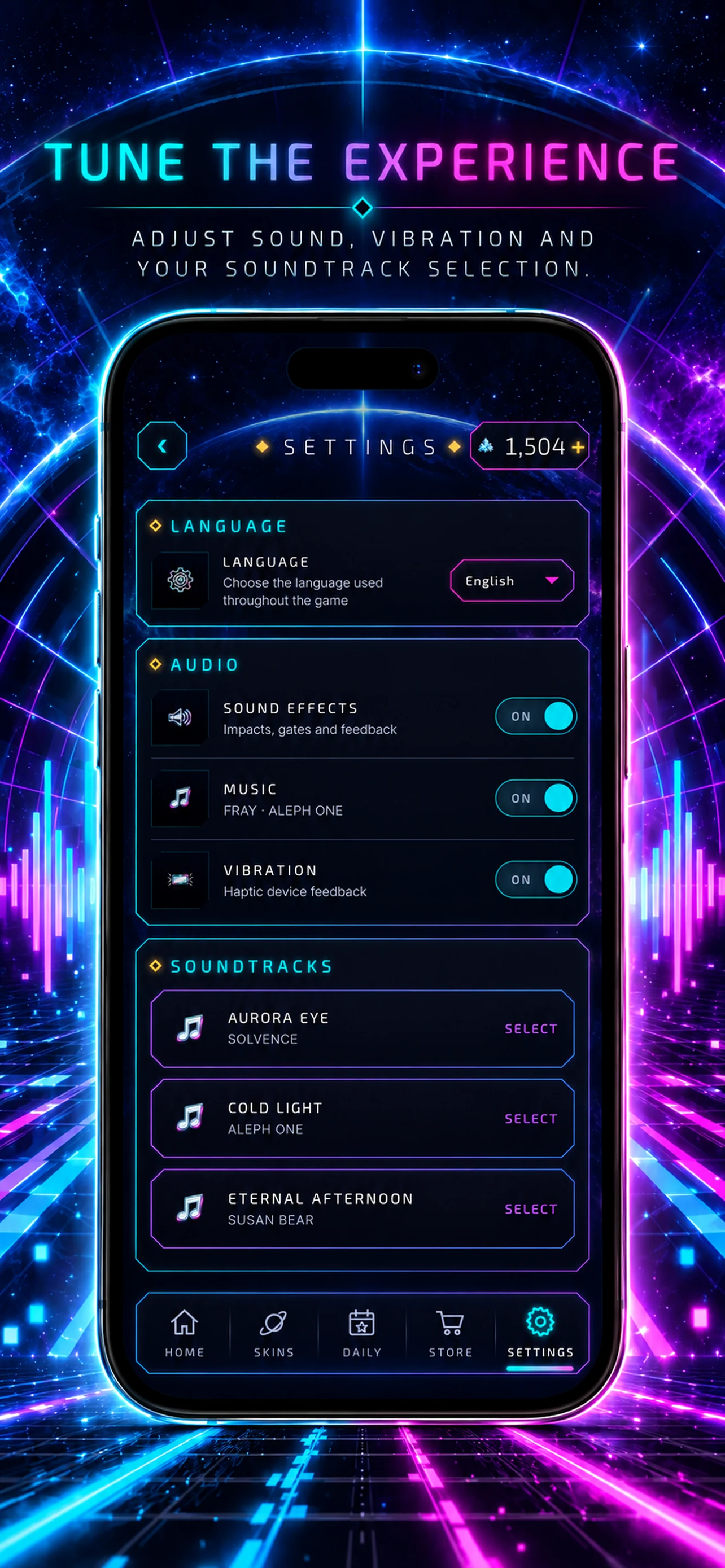FISSION settings for language, audio, vibration, and music