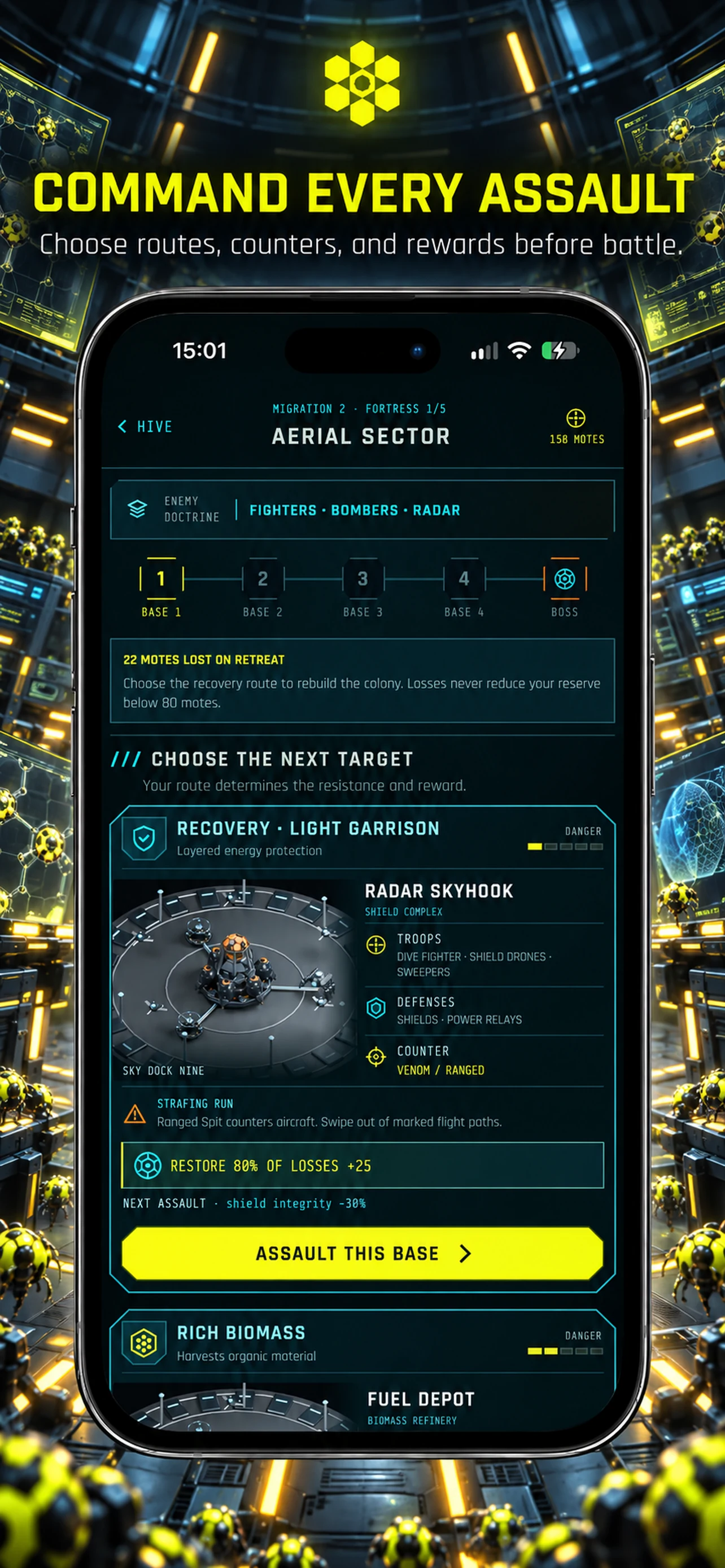 HIVE gameplay with units crossing a hostile machine arena