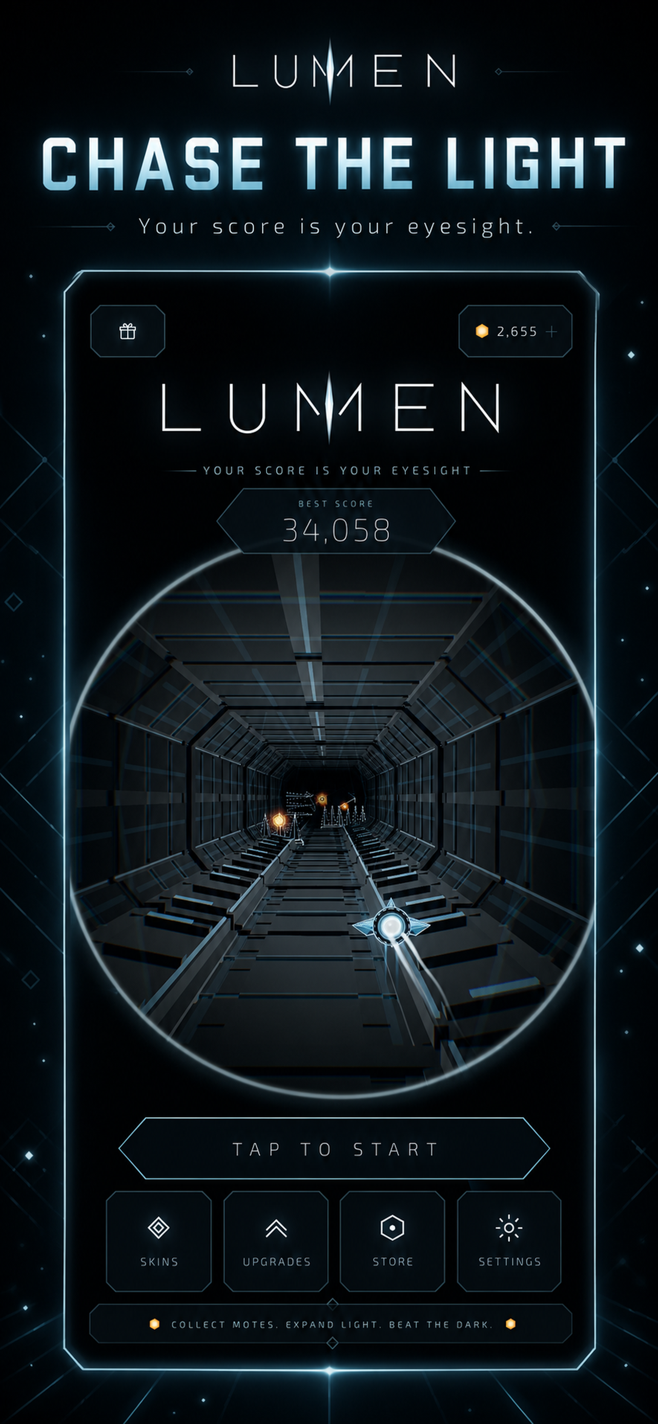 LUMEN home screen and tunnel run
