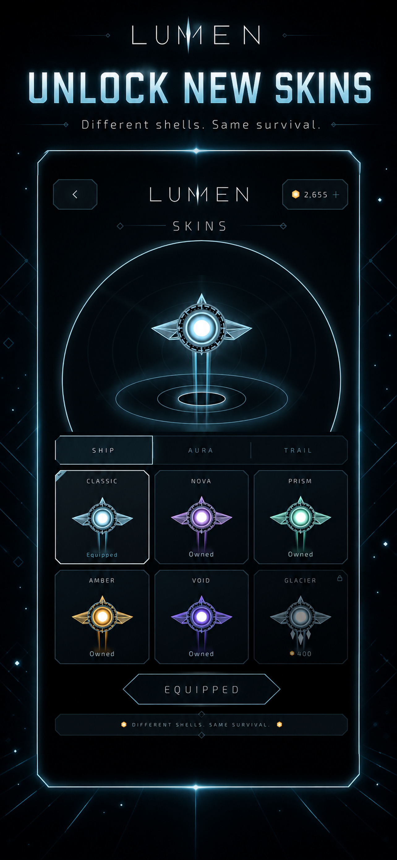 LUMEN skins screen with ship, aura, and trail choices