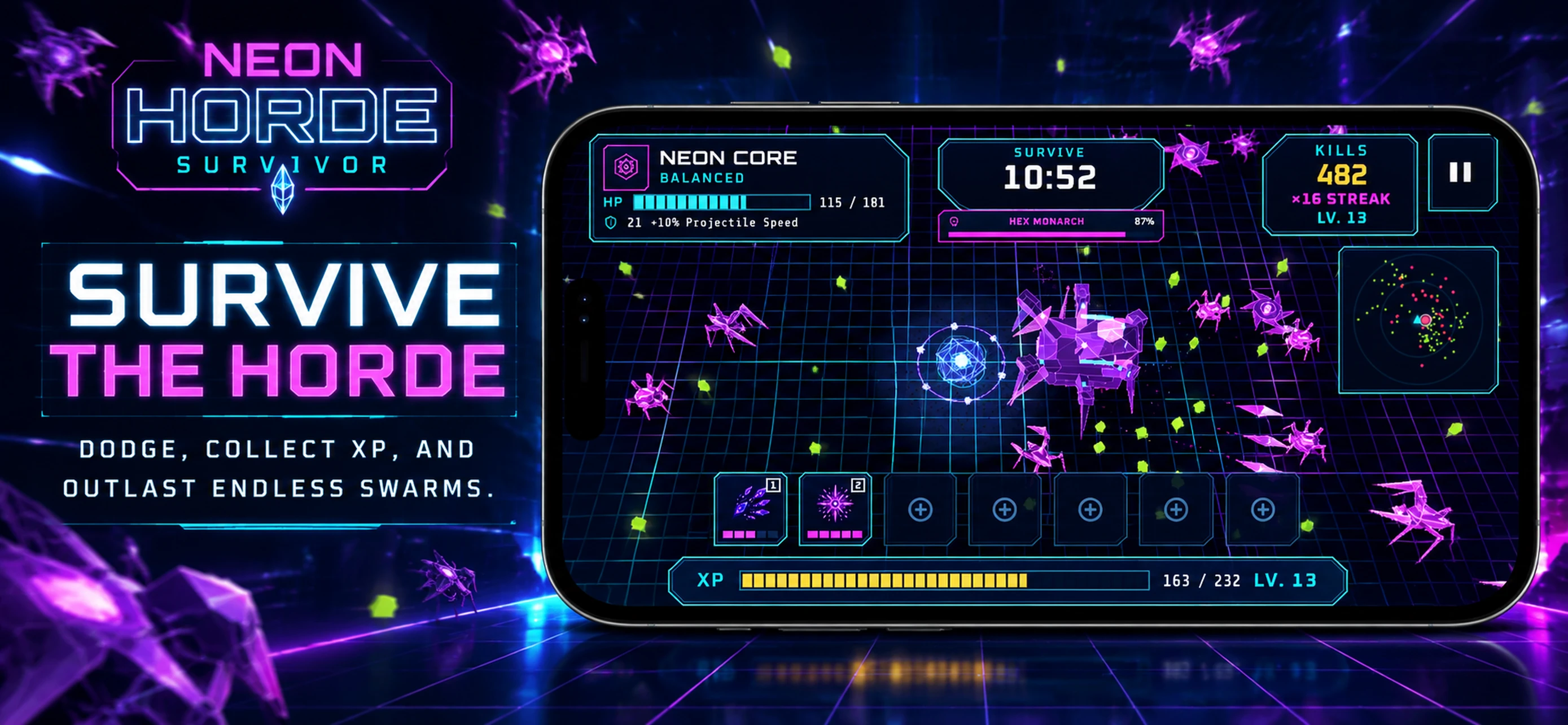 Neon Horde Survivor arena run with a swarm of neon enemies