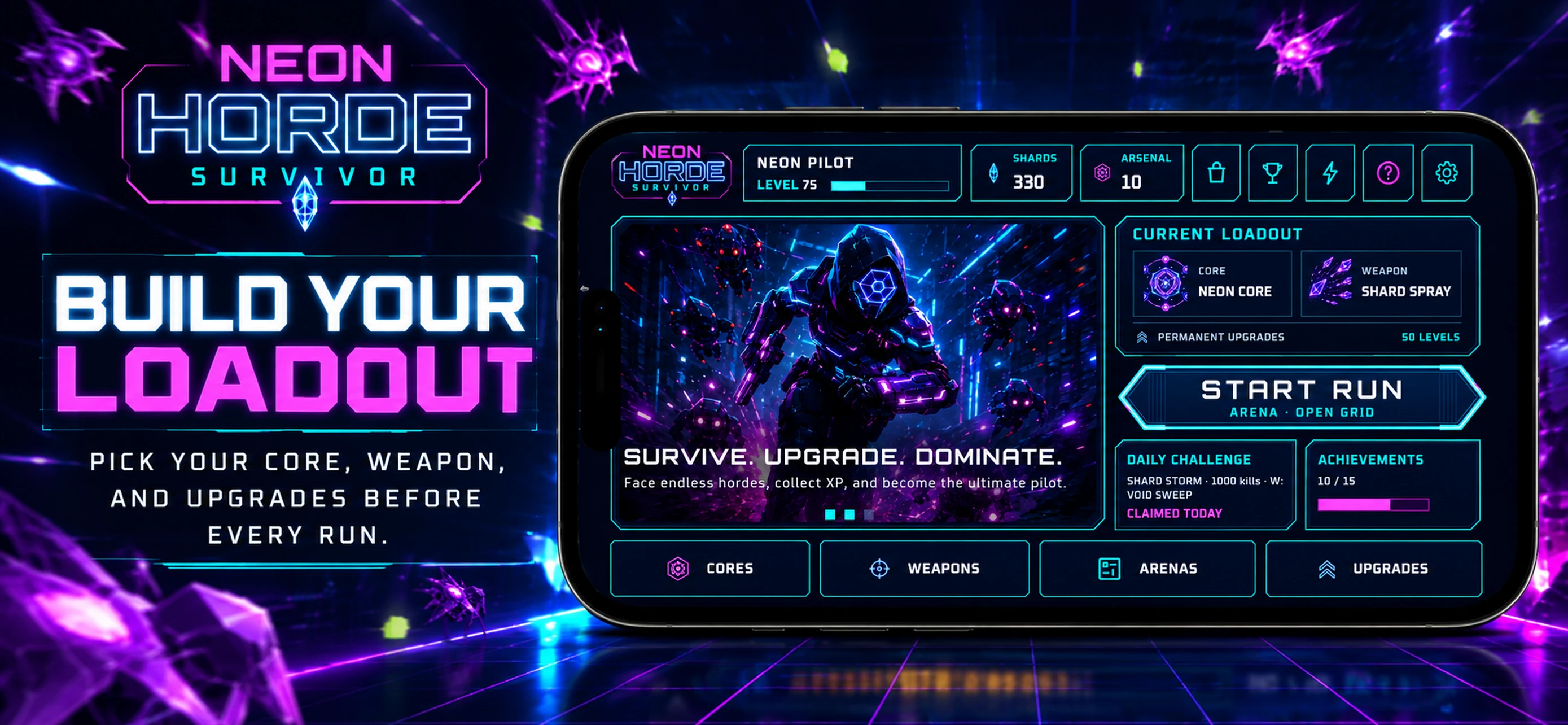 Neon Horde Survivor loadout screen with core and weapon selections